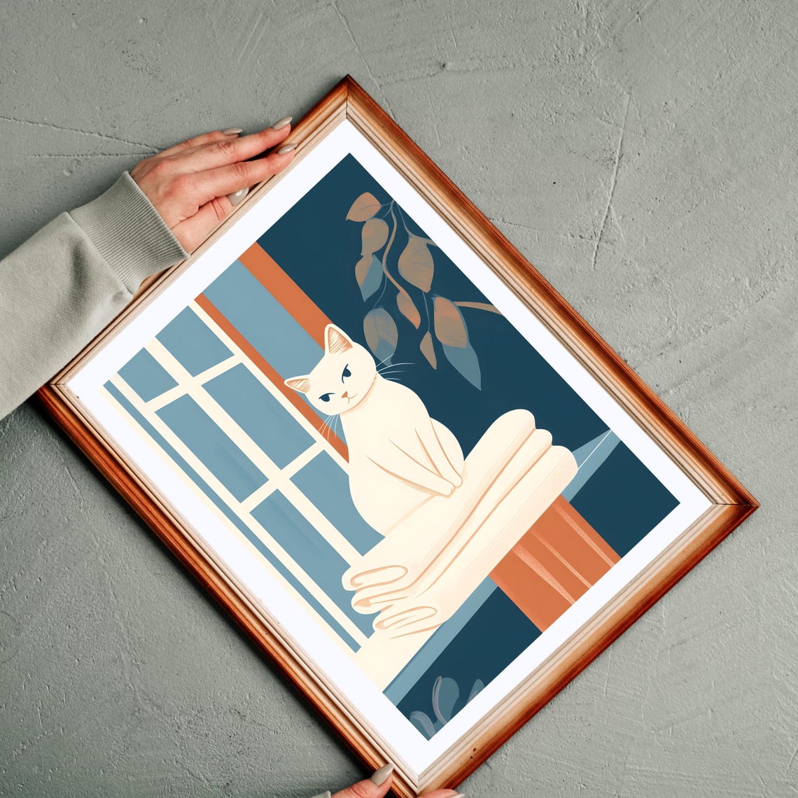 White Cat Sitting On Towels By A Window Mid Century Style Print - Image 8
