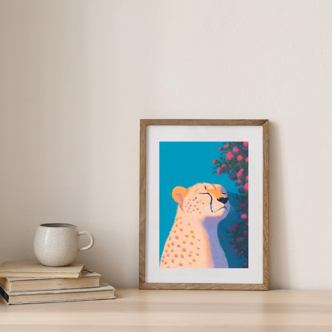 Peaceful Cheetah Smelling Pink Flowers On Teal Background Poster - Image 3