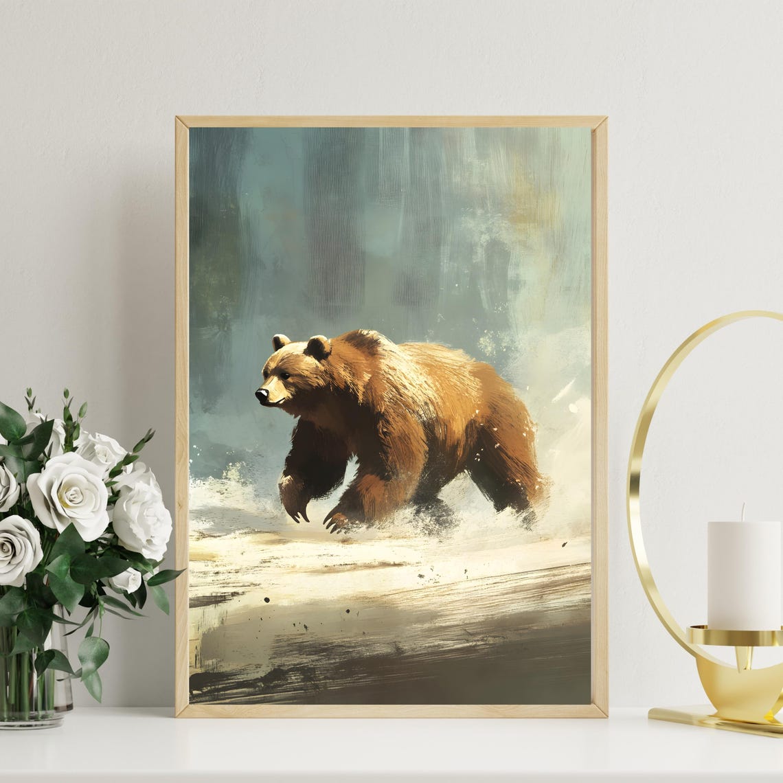 Majestic Brown Bear Wading Misty Forest River Painterly Art Poster - Image 2