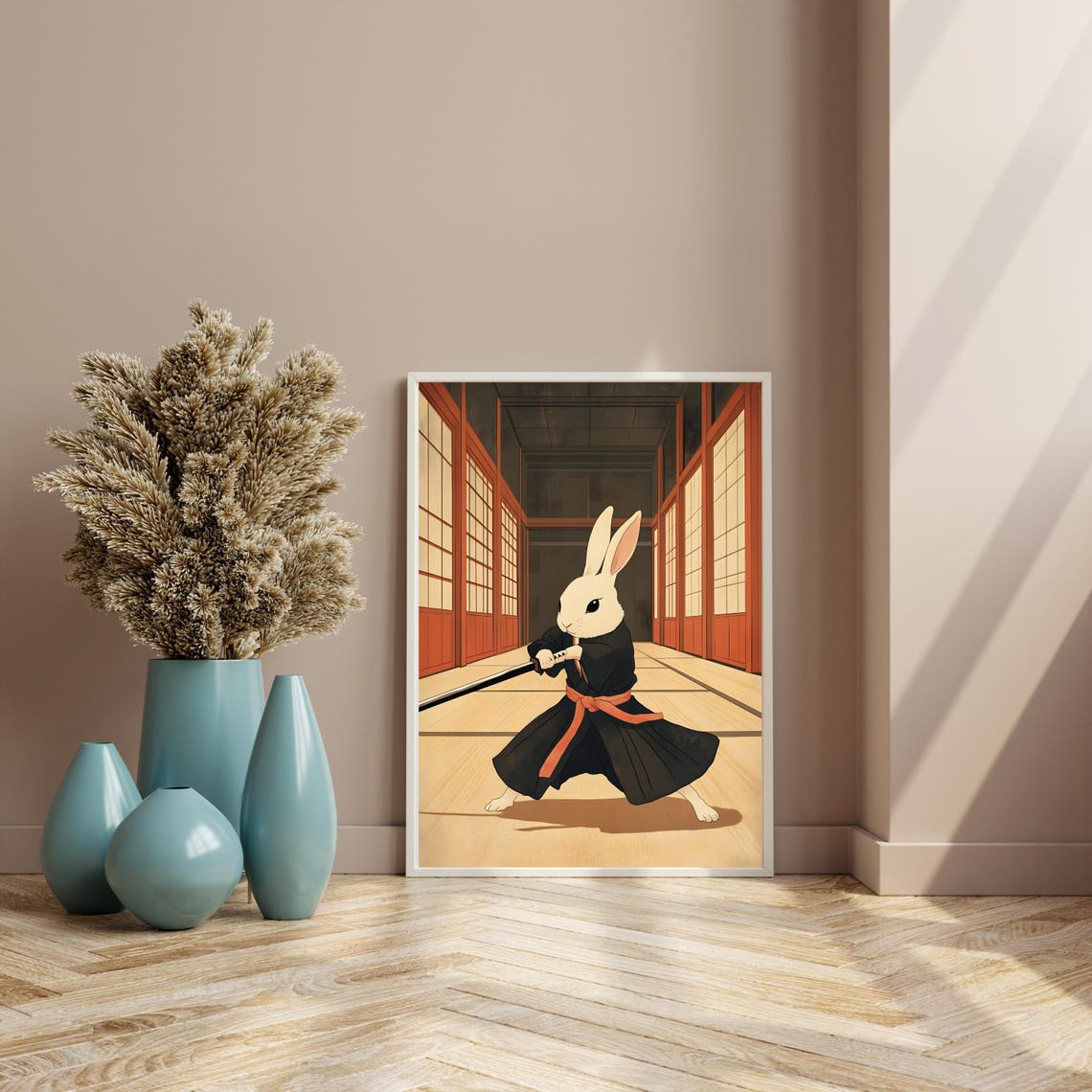 White Rabbit Samurai Wielding Katana in Japanese Dojo Hall Poster - Image 5