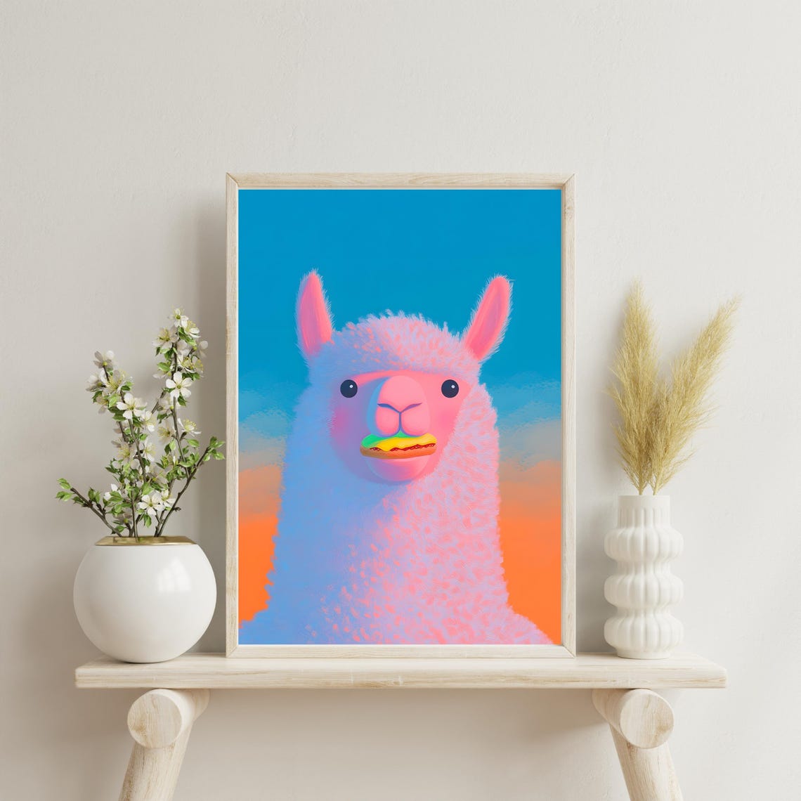 Playful Pink Llama Munching Burger on Sunset Gradient Poster - Image 3