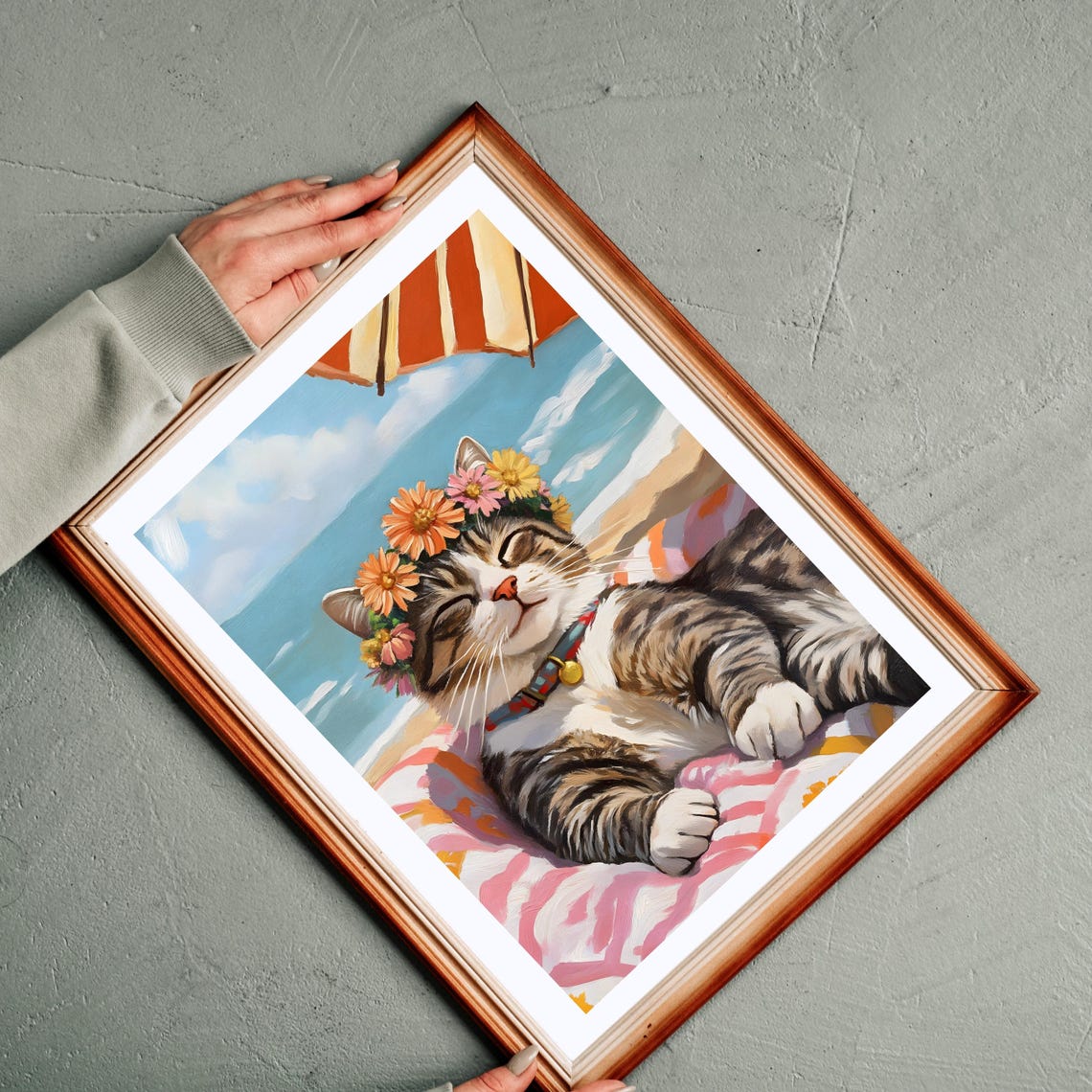 Happy Beach Cat With Flower Crown Relaxing On A Striped Towel Poster - Image 4