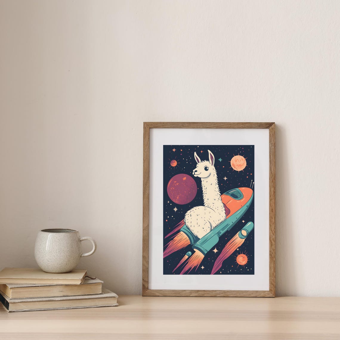 Cute Llama Riding a Retro Rocket Ship Through Starry Space Poster - Image 8