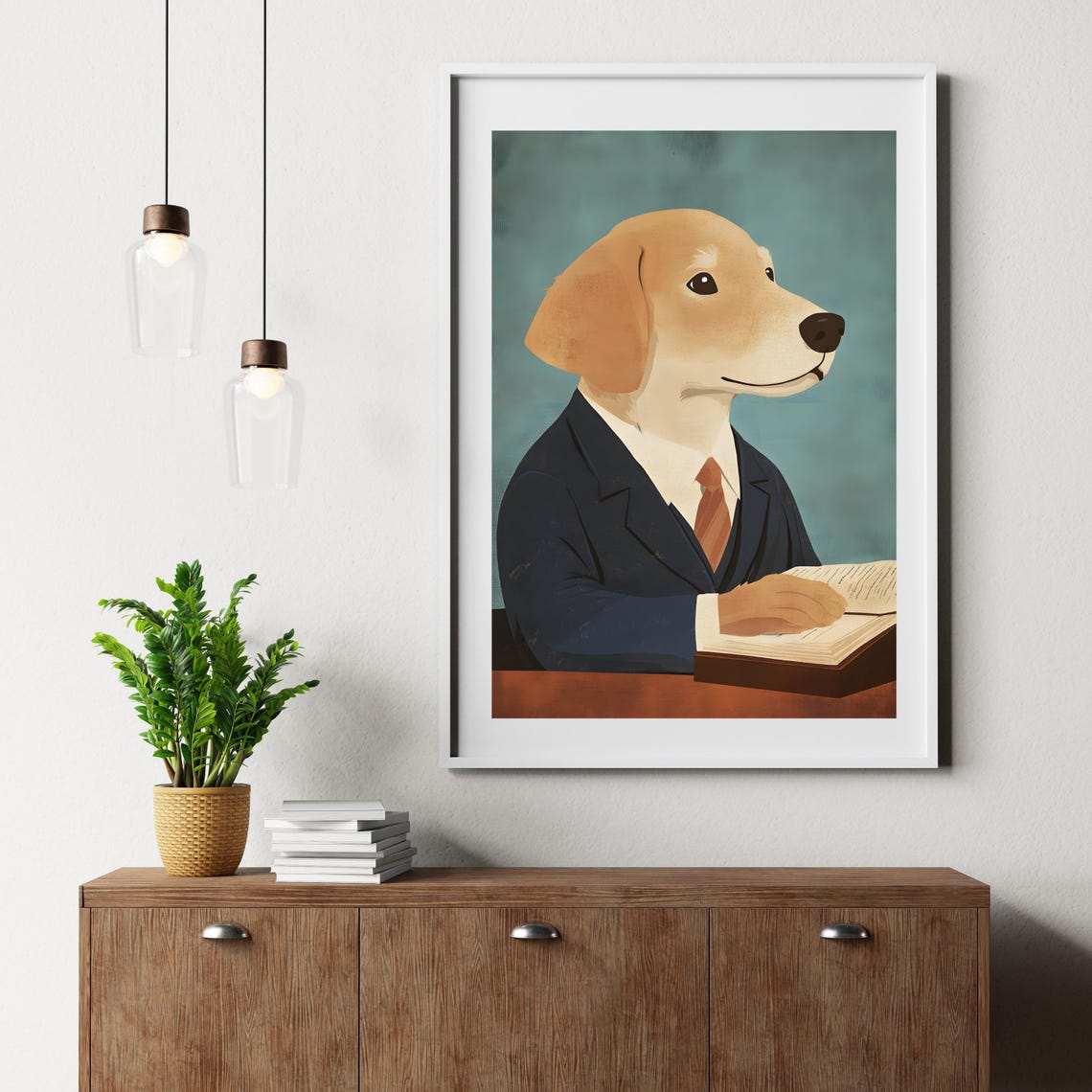 Golden Retriever In A Business Suit Reading At His Desk Poster - Image 6