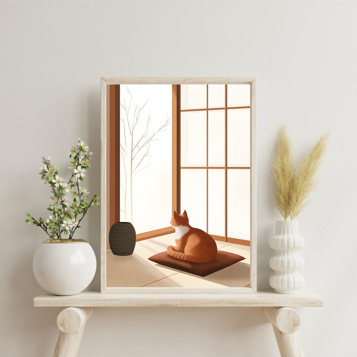 Quiet Orange Cat Sitting on a Cushion Before a Tall Shoji Screen Poster - Image 3