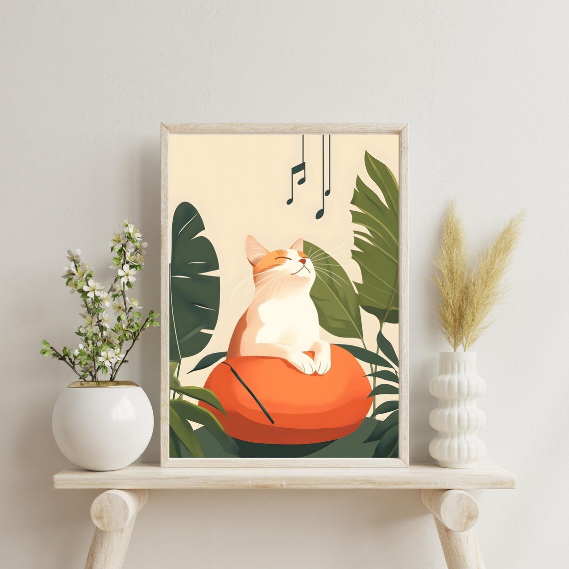 Happy White Cat on an Orange Pouf among Tropical Leaves Poster - Image 3
