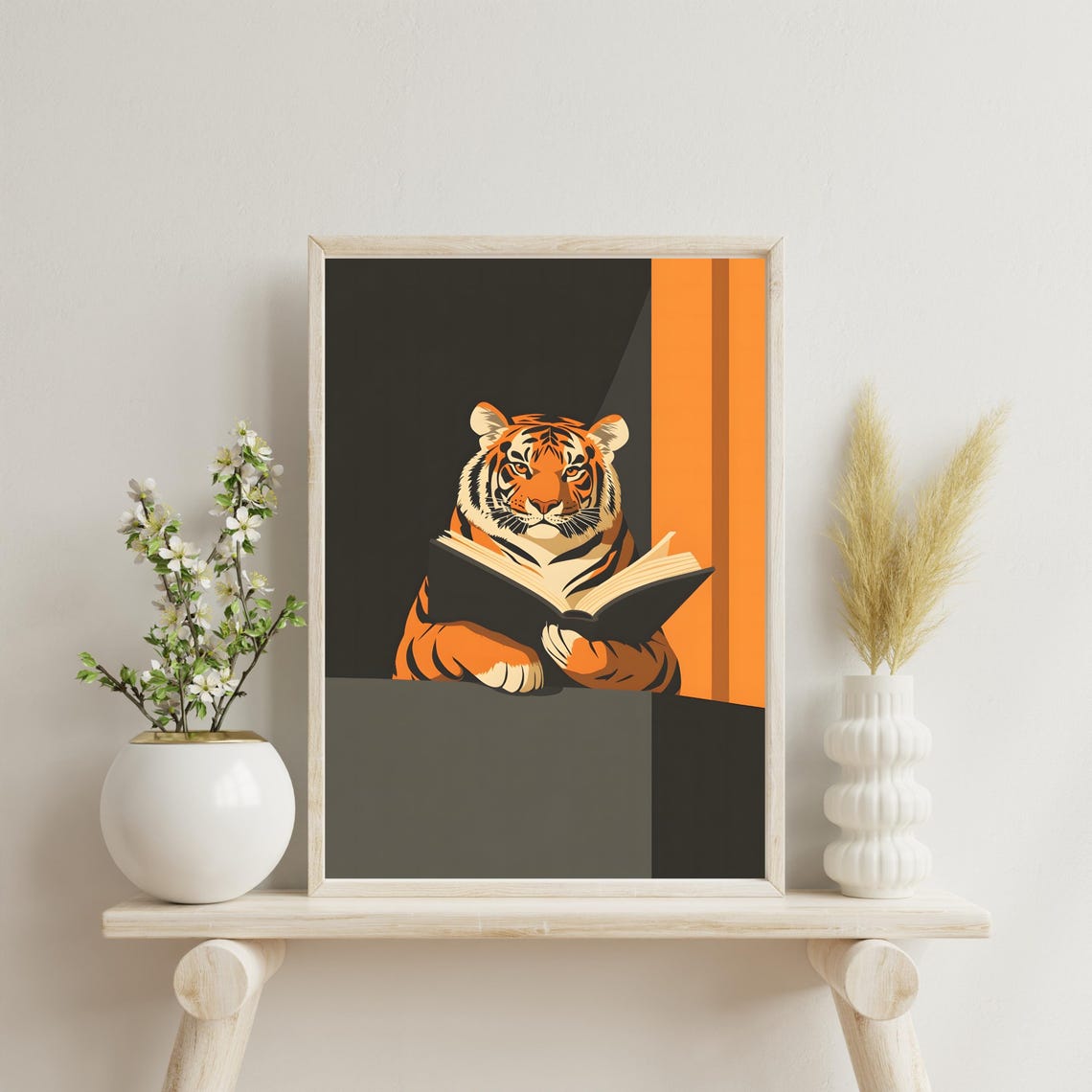 Sophisticated Tiger Reading Book Minimalist Orange Black Art Poster - Image 6
