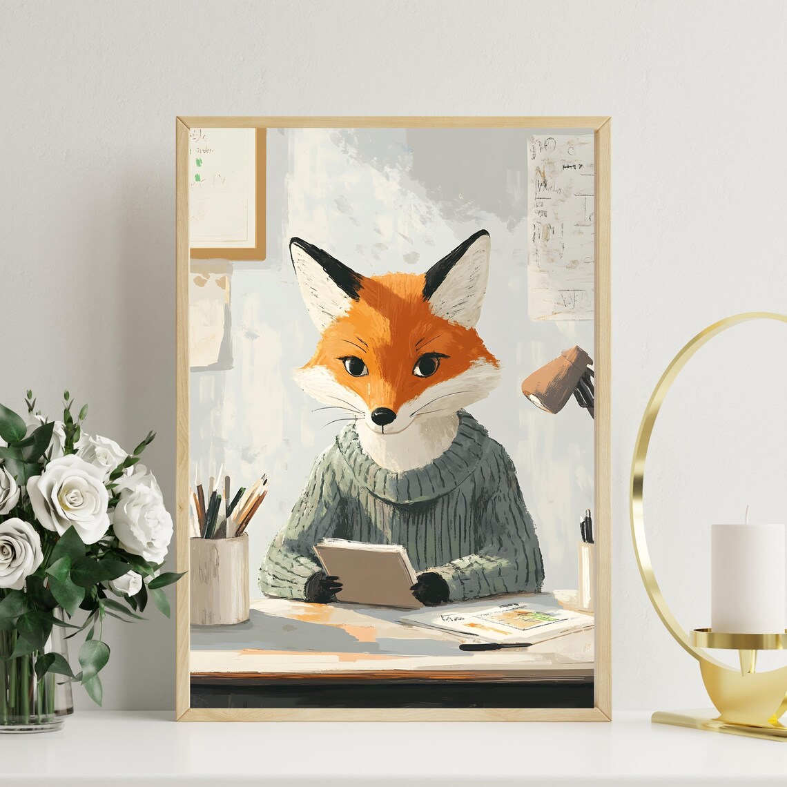 Cozy Fox in a Knit Sweater Reading a Book at a Wooden Desk Poster - Image 2