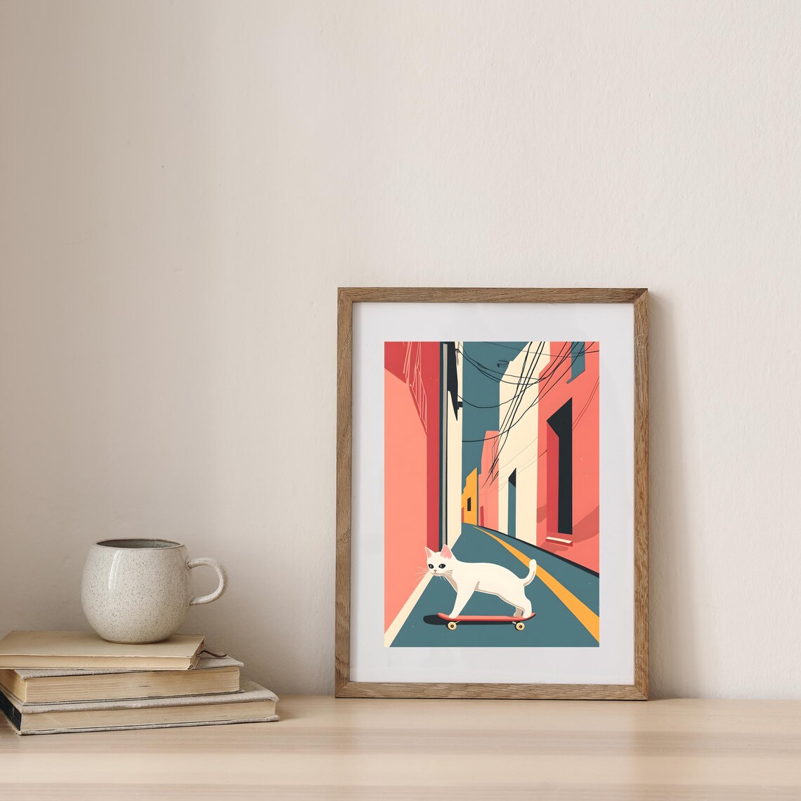 White Cat Skateboarding Down Colorful City Street Art Poster - Image 4
