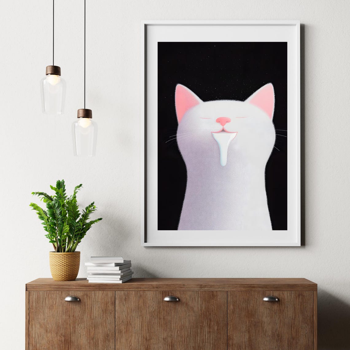 White Cat Drinking Milk With Dripping Milk Minimalist Cat Poster - Image 2