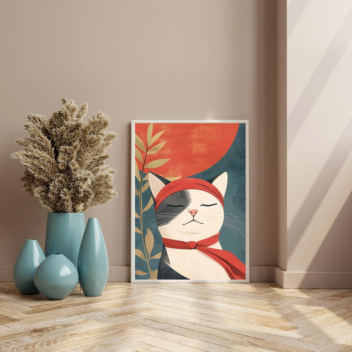 Zen Cat With Red Headband Meditating Before Big Red Sun Poster - Image 8