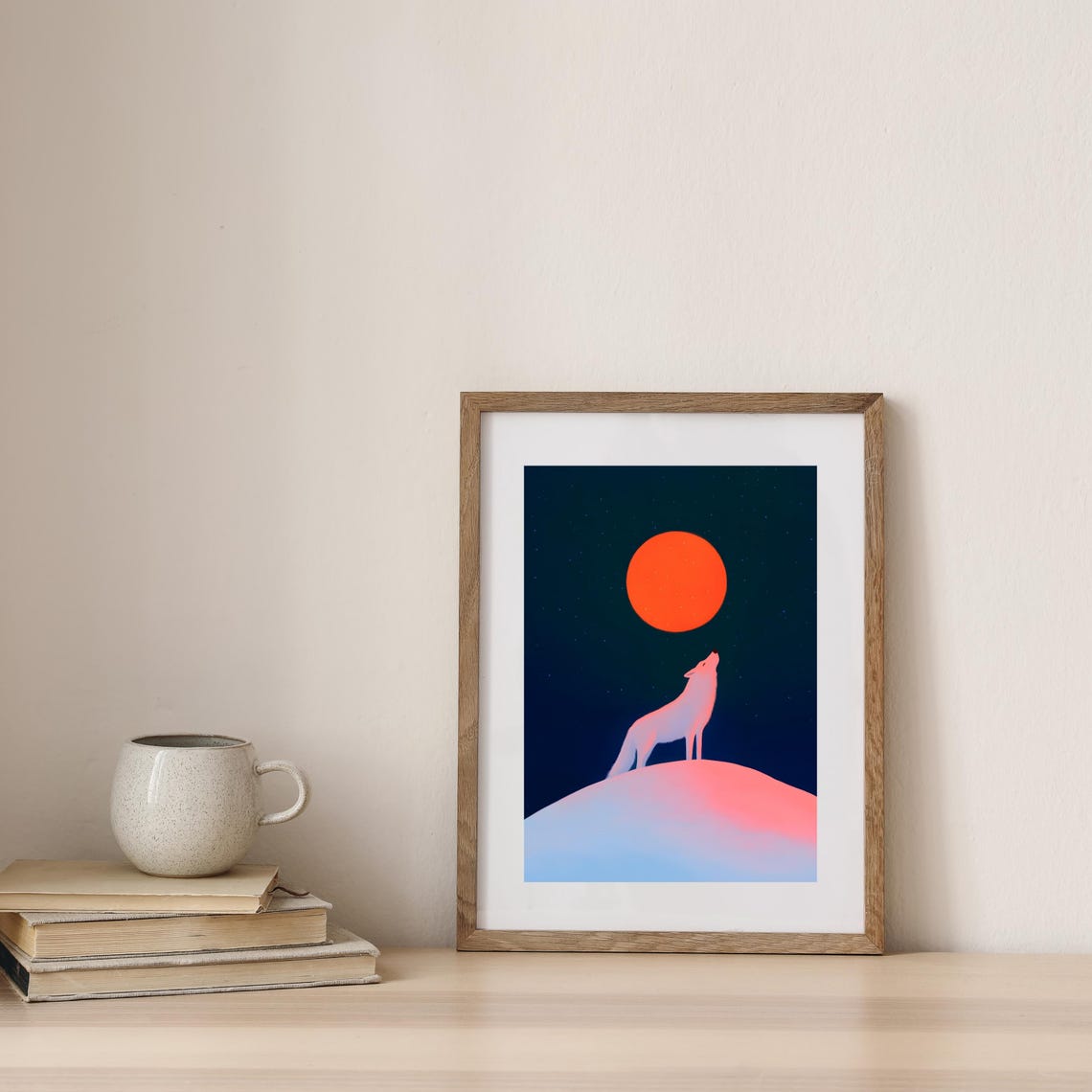 White Wolf Howling At Giant Red Moon Starry Night Sky Art Poster - Image 3
