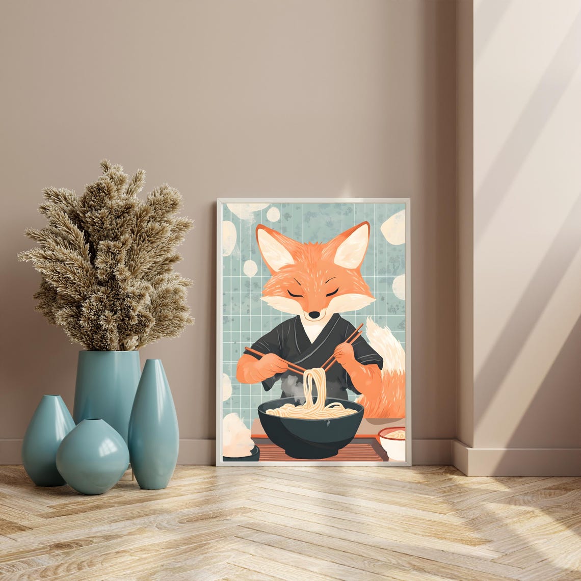 Fox Eating Ramen Noodles Cute Japanese Kitchen Animal Art Poster - Image 6
