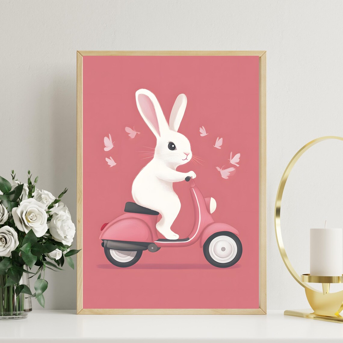 Bunny Riding Pink Scooter Cute Rabbit Animal Nursery Art Poster - Image 4