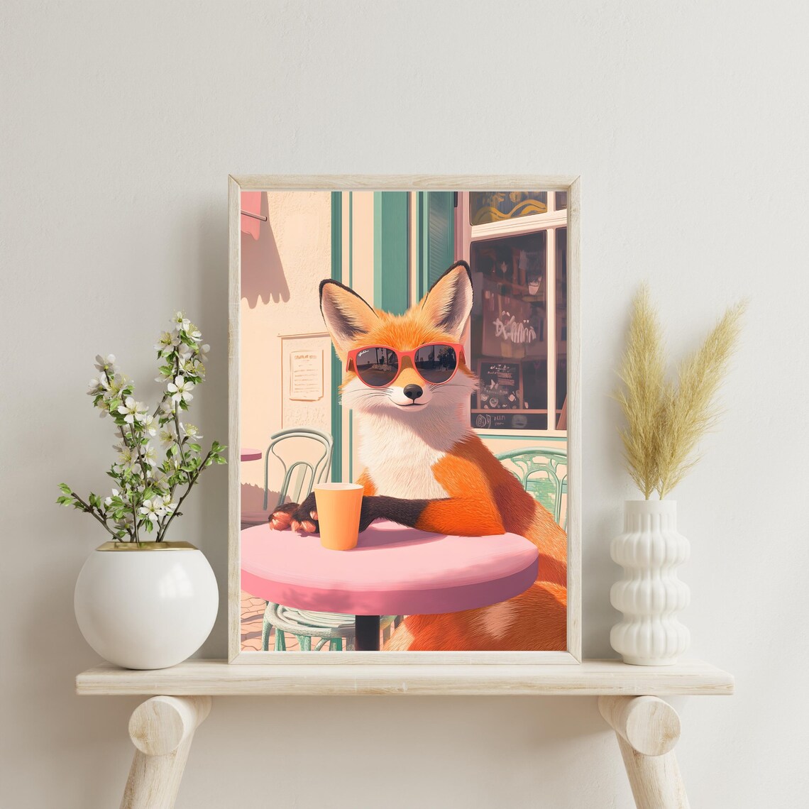 Chic Red Fox in Red Sunglasses Relaxing at a Pink Parisian Cafe Table Poster - Image 6