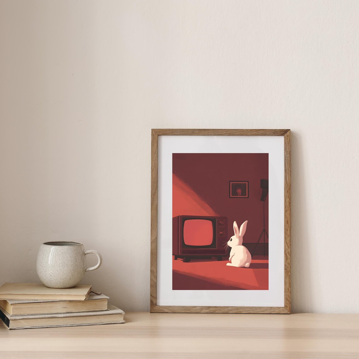 Retro Bunny Watching Vintage TV Red Room Minimalist Animal Art Poster - Image 7