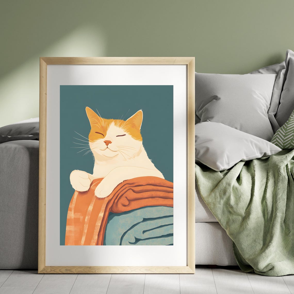 Cozy Orange Cat Hugging Folded Blankets on a Teal Background Poster - Image 6