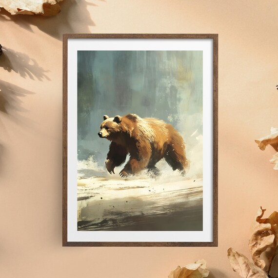 Majestic Brown Bear Wading Misty Forest River Painterly Art Poster