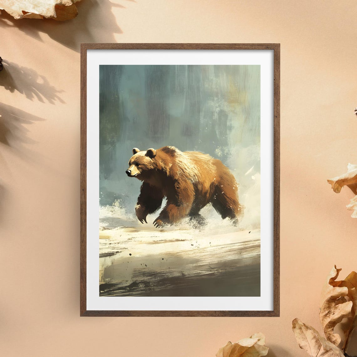 Majestic Brown Bear Wading Misty Forest River Painterly Art Poster