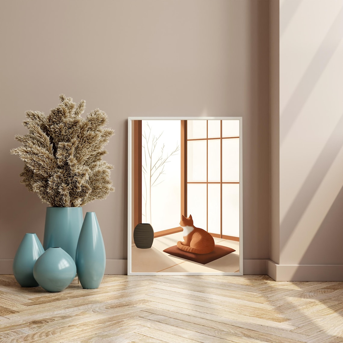 Quiet Orange Cat Sitting on a Cushion Before a Tall Shoji Screen Poster - Image 8