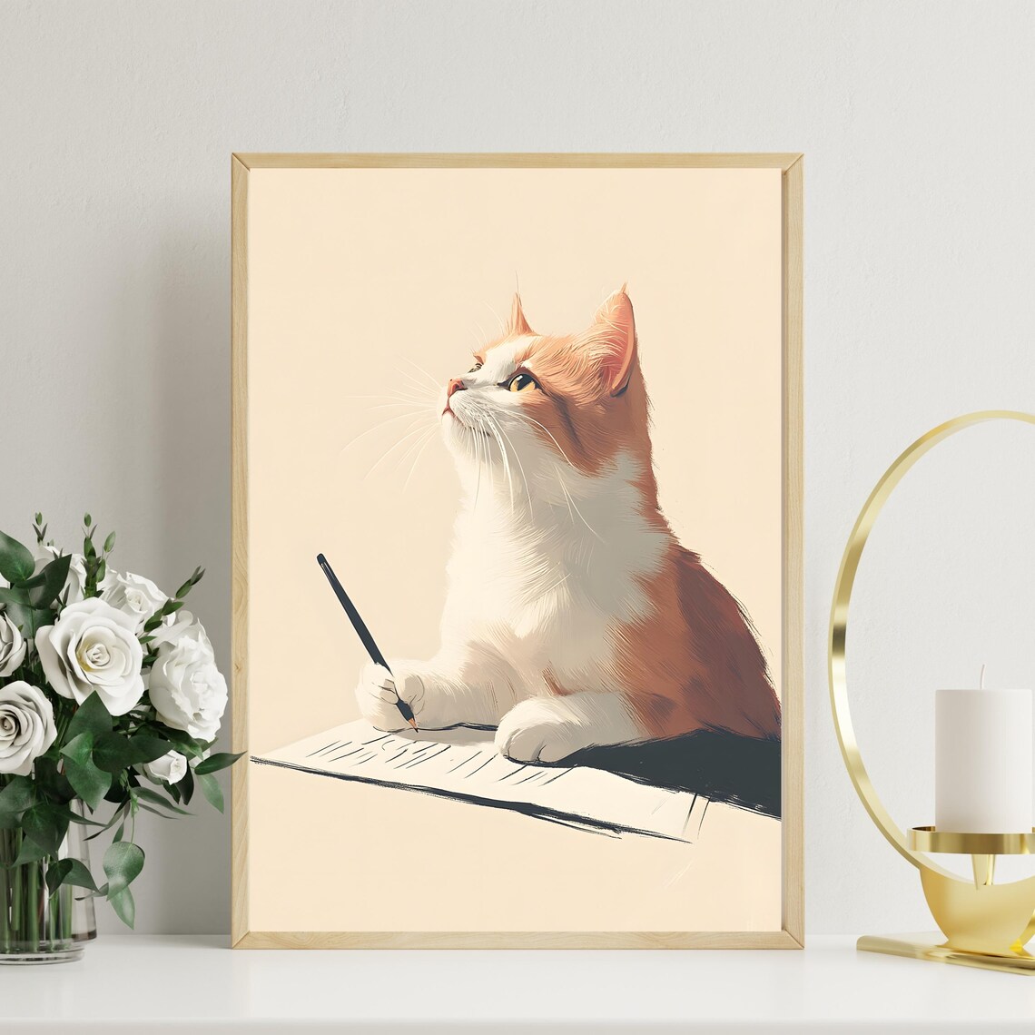 Thoughtful Orange and White Cat Holding a Pen Over an Open Notebook Poster - Image 2