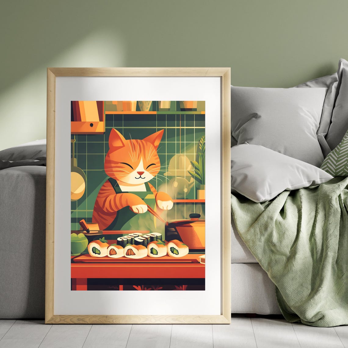 Ginger Cat Sushi Chef Rolling Sushi In A Cozy Kitchen Scene Poster - Image 7