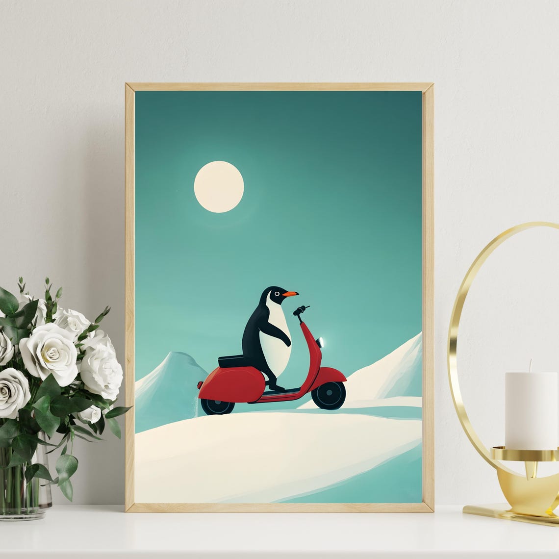 Penguin Riding A Red Scooter Through A Snowy Winter Landscape Poster - Image 2