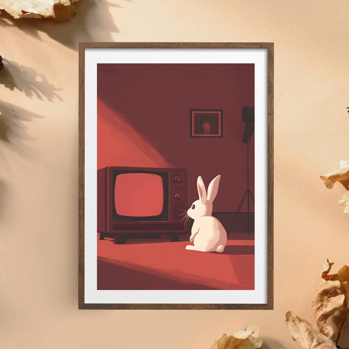 Retro Bunny Watching Vintage TV Red Room Minimalist Animal Art Poster