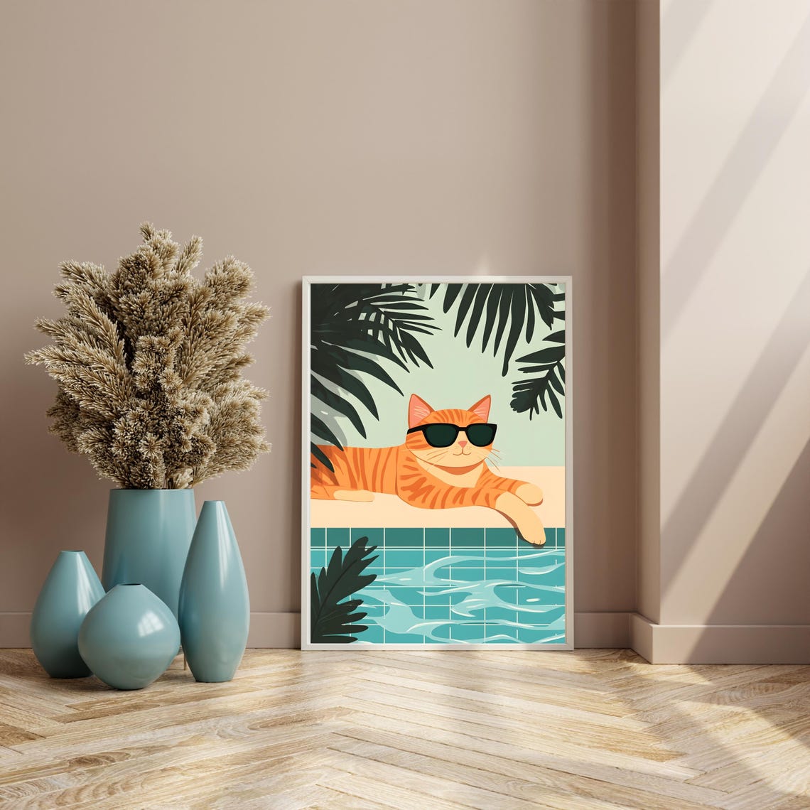 Orange Cat With Sunglasses Lounging by a Tropical Tiled Pool Poster - Image 8