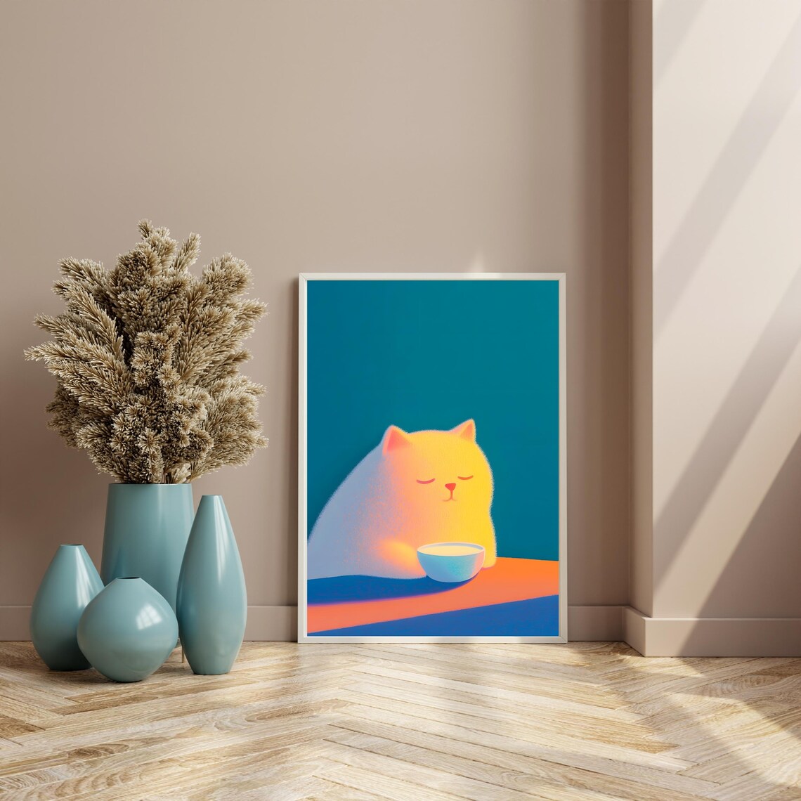 Sleepy Yellow Cat With Bowl Of Milk Cozy Teal Background Poster - Image 4