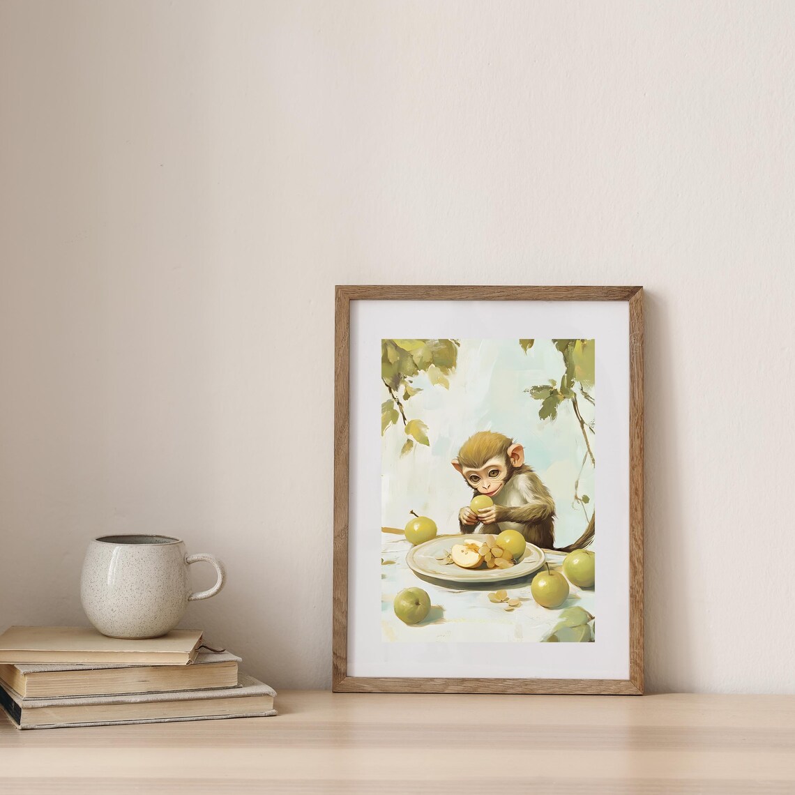 Wide-Eyed Baby Monkey Munching Green Apples at a Fruit-Laden Table Poster - Image 7