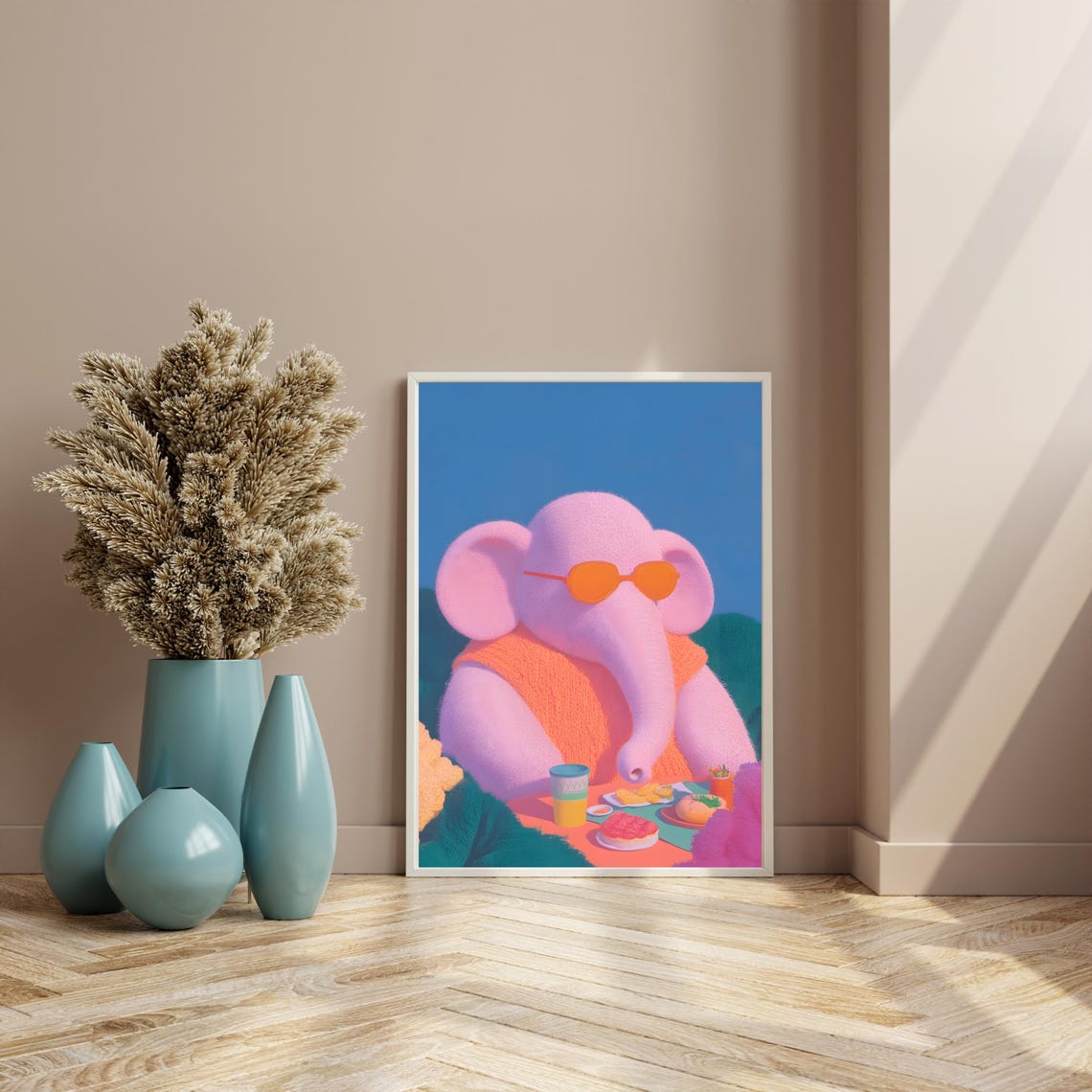 Pink Elephant In Orange Sunglasses At Breakfast Table Art Poster - Image 4