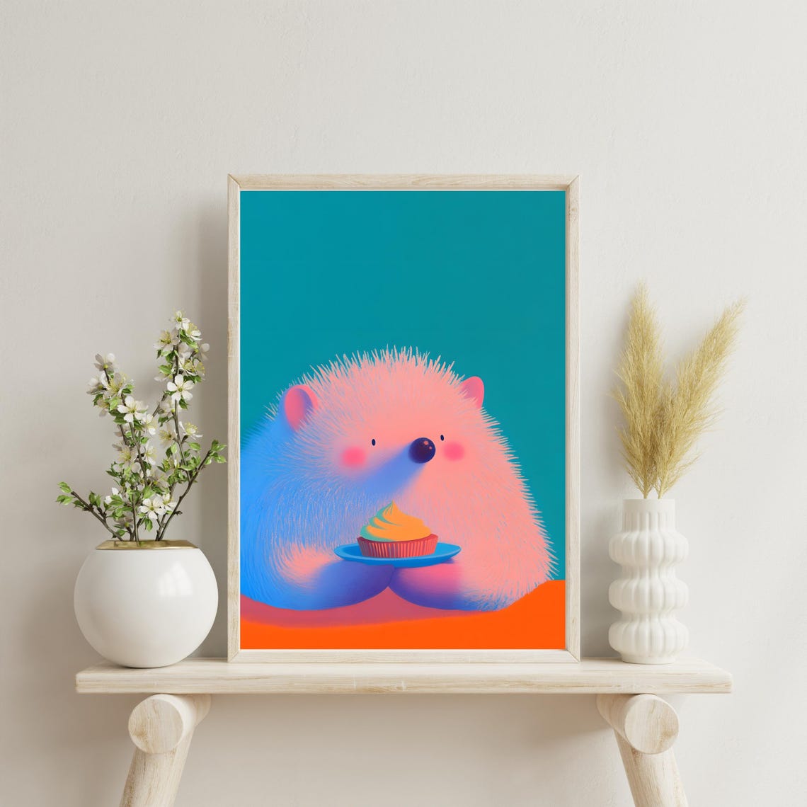 Cute Pink Hedgehog Holding Cupcake On Teal Background Art Poster - Image 3