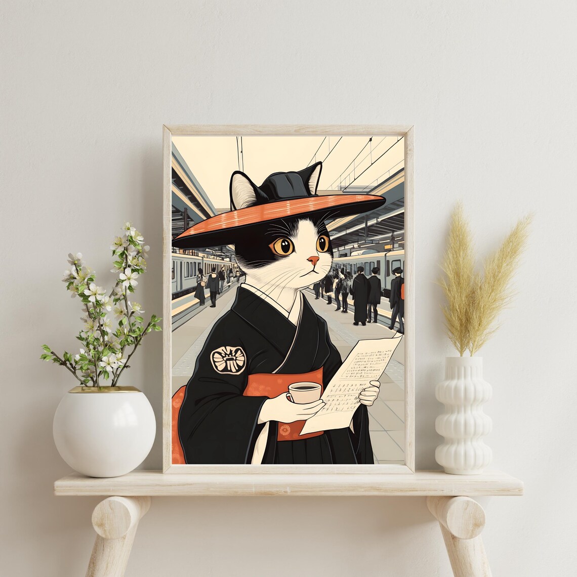 Cat in Kimono Sipping Tea at a Bustling Train Station Poster - Image 2