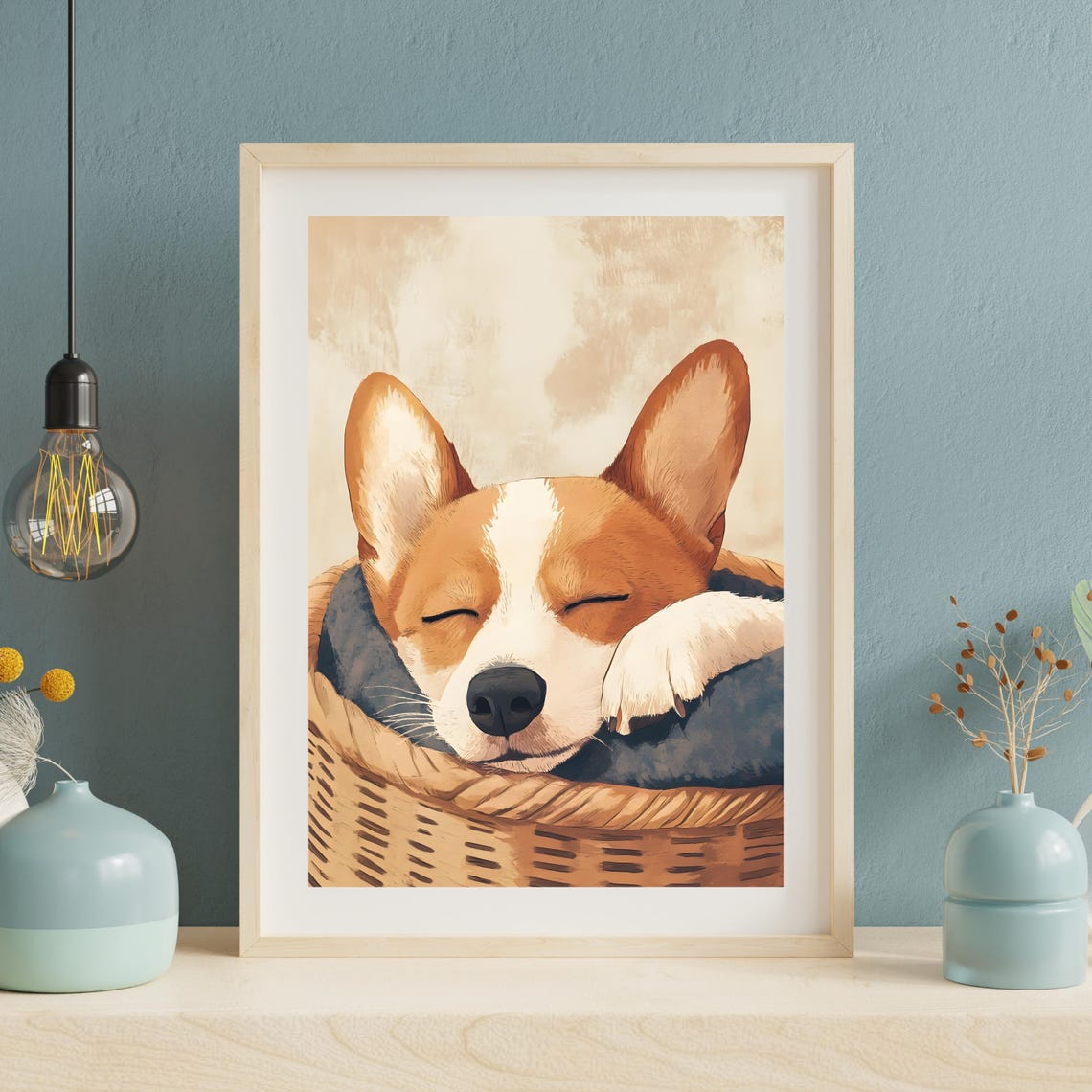 Sleeping Corgi Puppy Curled in Wicker Basket Cozy Dog Nursery Poster - Image 3