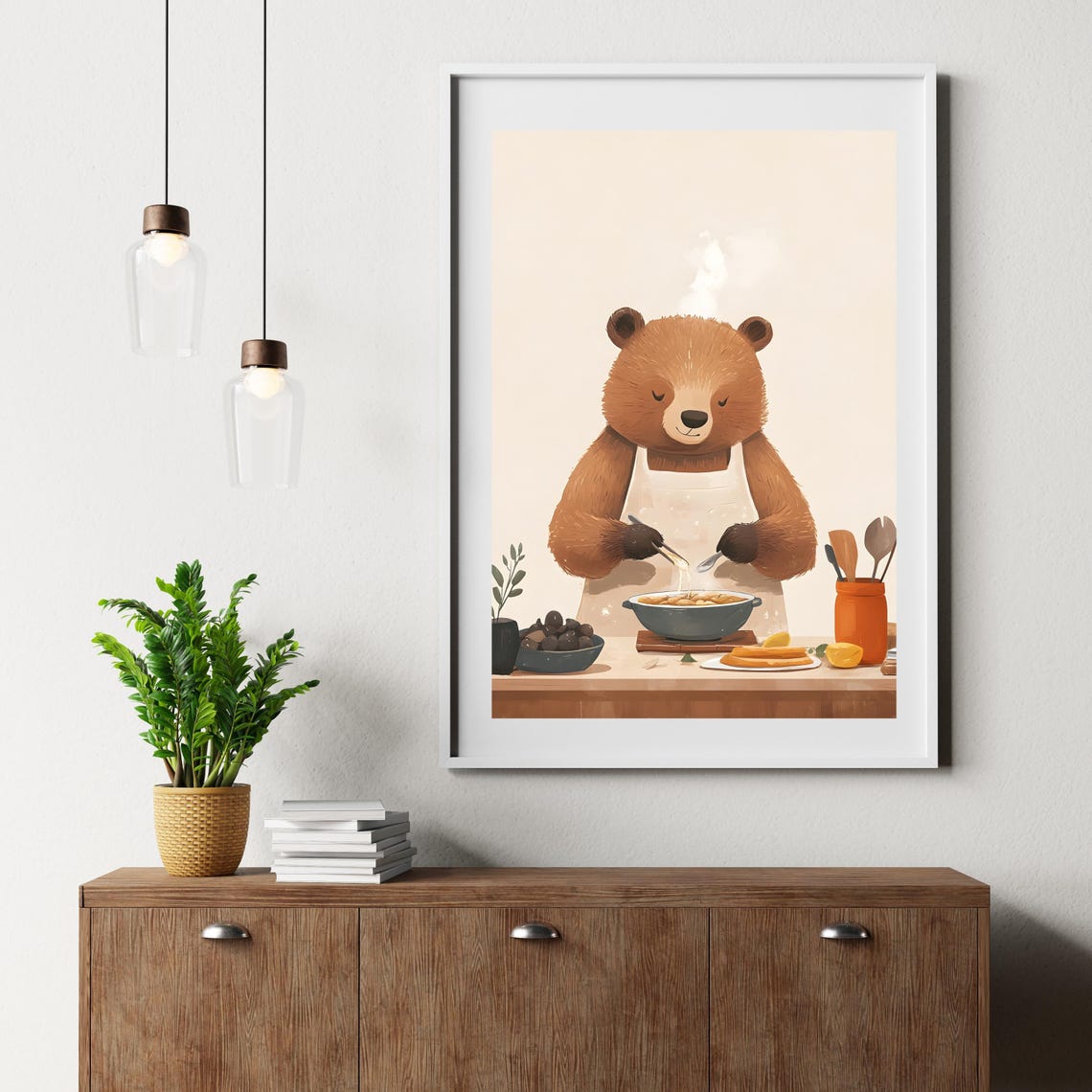 Cute Bear Chef Stirring Pasta in a White Apron in the Kitchen Poster - Image 6