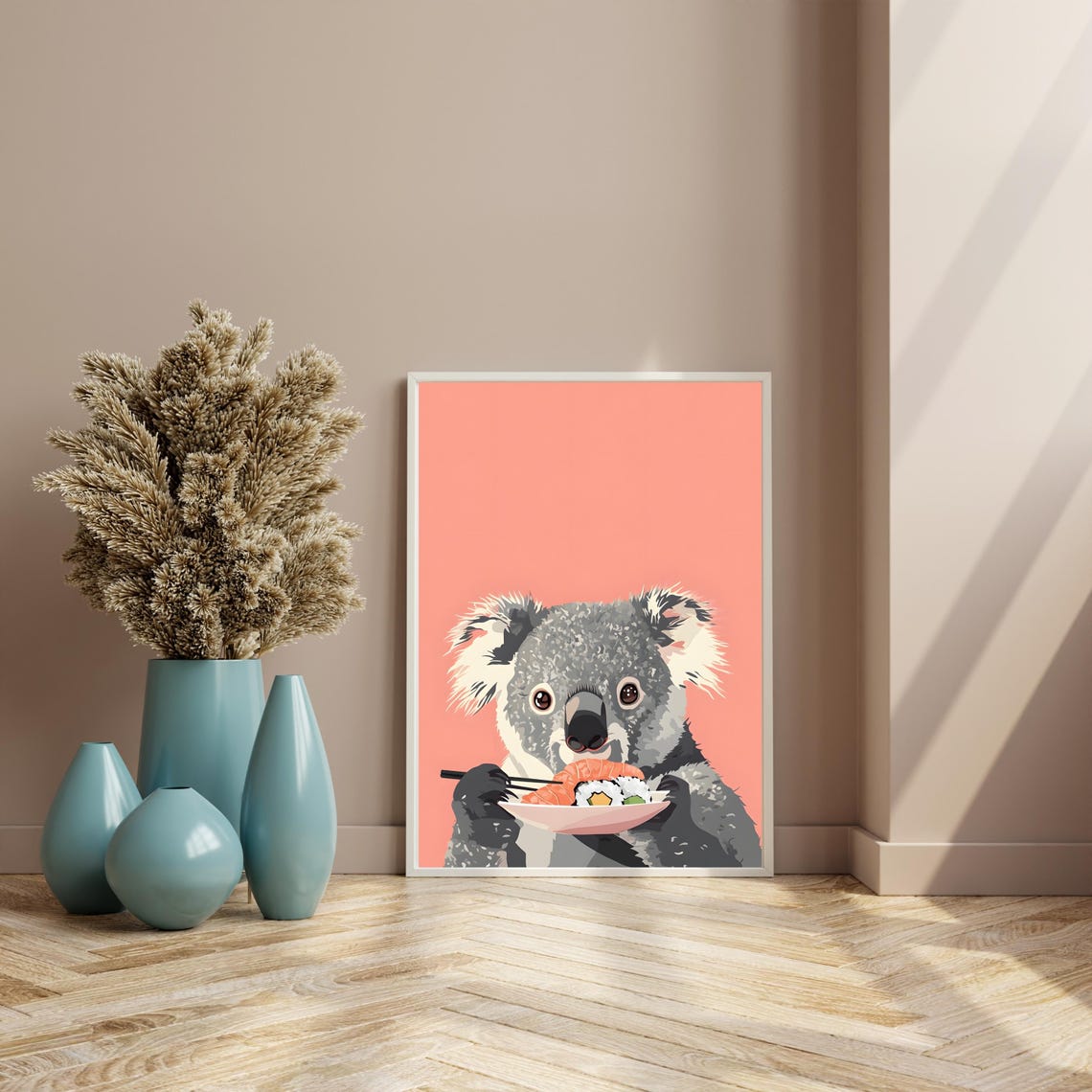 Cute Koala Eating Sushi with Chopsticks on a Coral Background Poster - Image 8