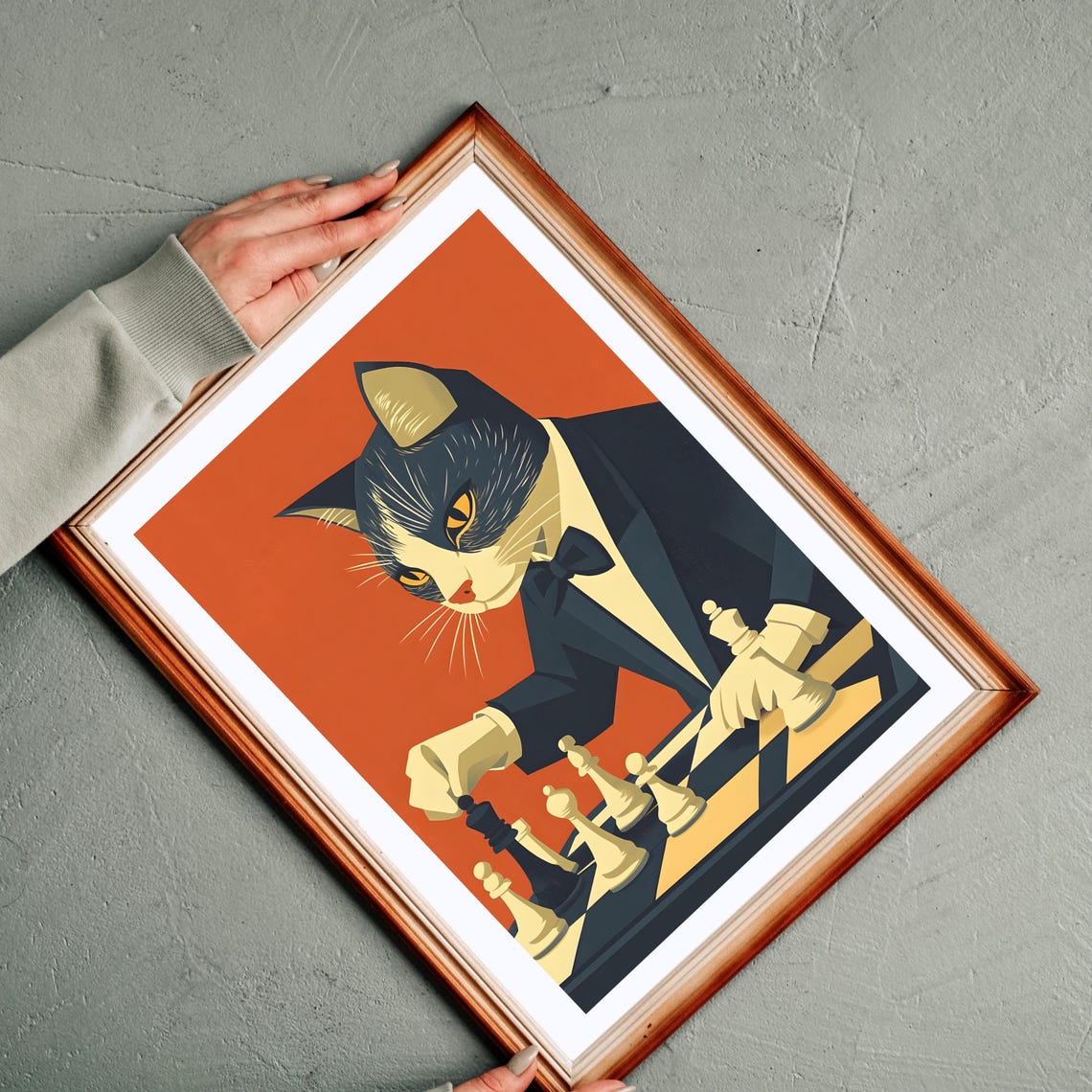 Dapper Cat in Tuxedo Playing Chess on Orange Background Poster - Image 2