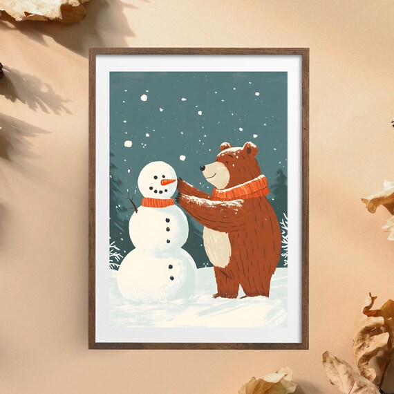 Cute Brown Bear in Orange Scarf Building a Snowman Winter Poster