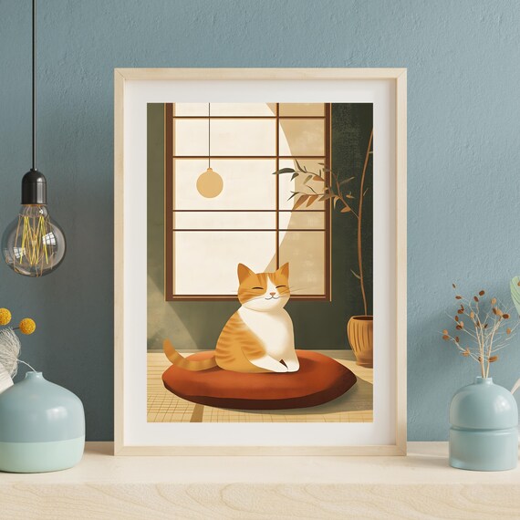 Peaceful Orange Cat Meditating on a Red Cushion Beneath the Moon Poster