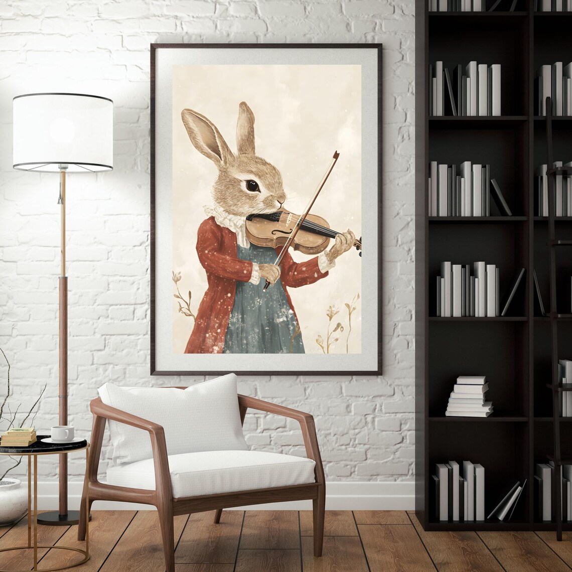 Elegant Rabbit Violinist in a Red Coat Playing Violin Vintage Style Poster - Image 3