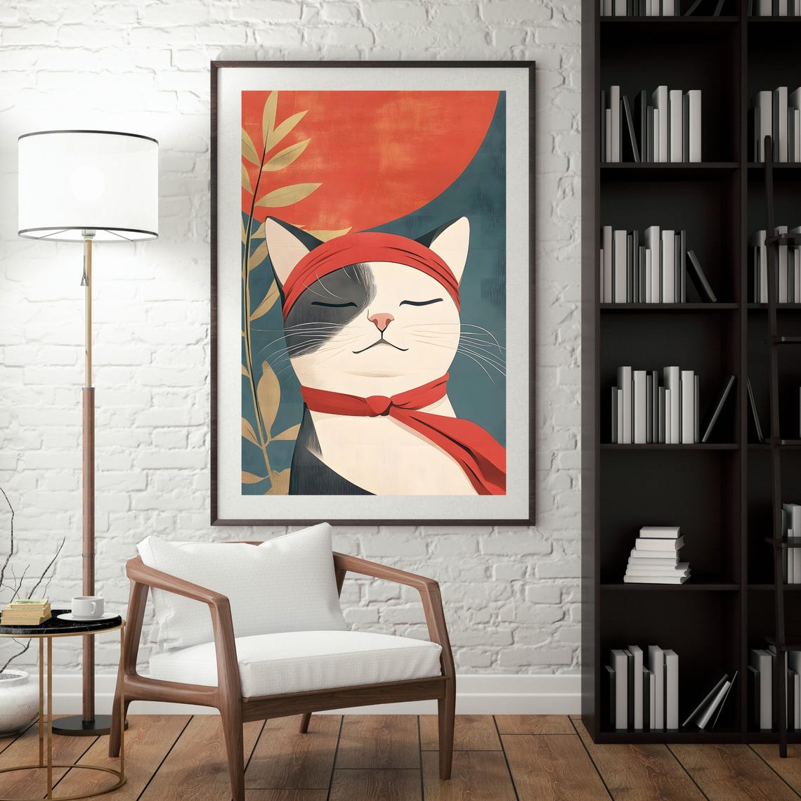 Zen Cat With Red Headband Meditating Before Big Red Sun Poster - Image 5