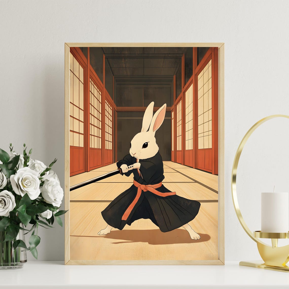 White Rabbit Samurai Wielding Katana in Japanese Dojo Hall Poster - Image 8