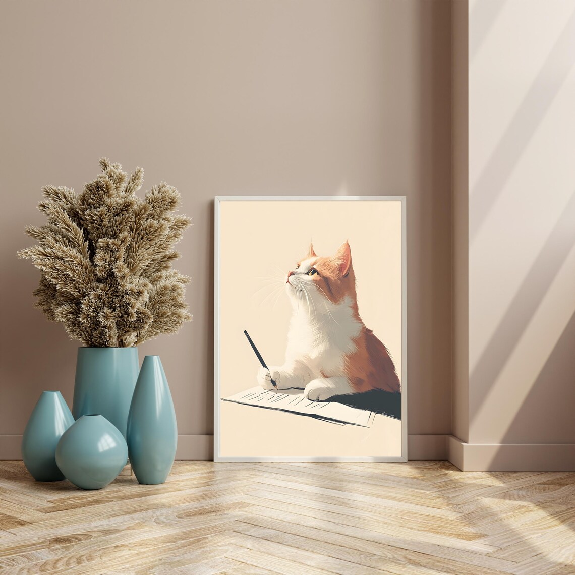 Thoughtful Orange and White Cat Holding a Pen Over an Open Notebook Poster - Image 8