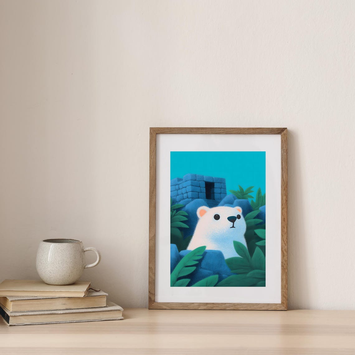 Curious White Polar Bear Peeking Through Jungle Leaves Art Poster - Image 3