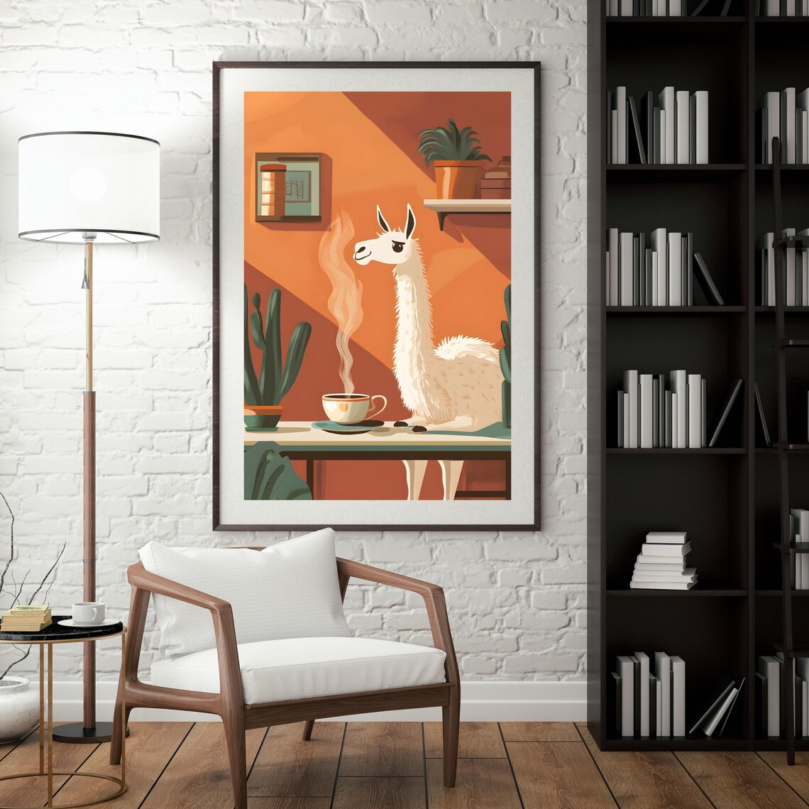 Llama Sipping Coffee Cozy Cafe Morning Whimsical Animal Art Poster - Image 4