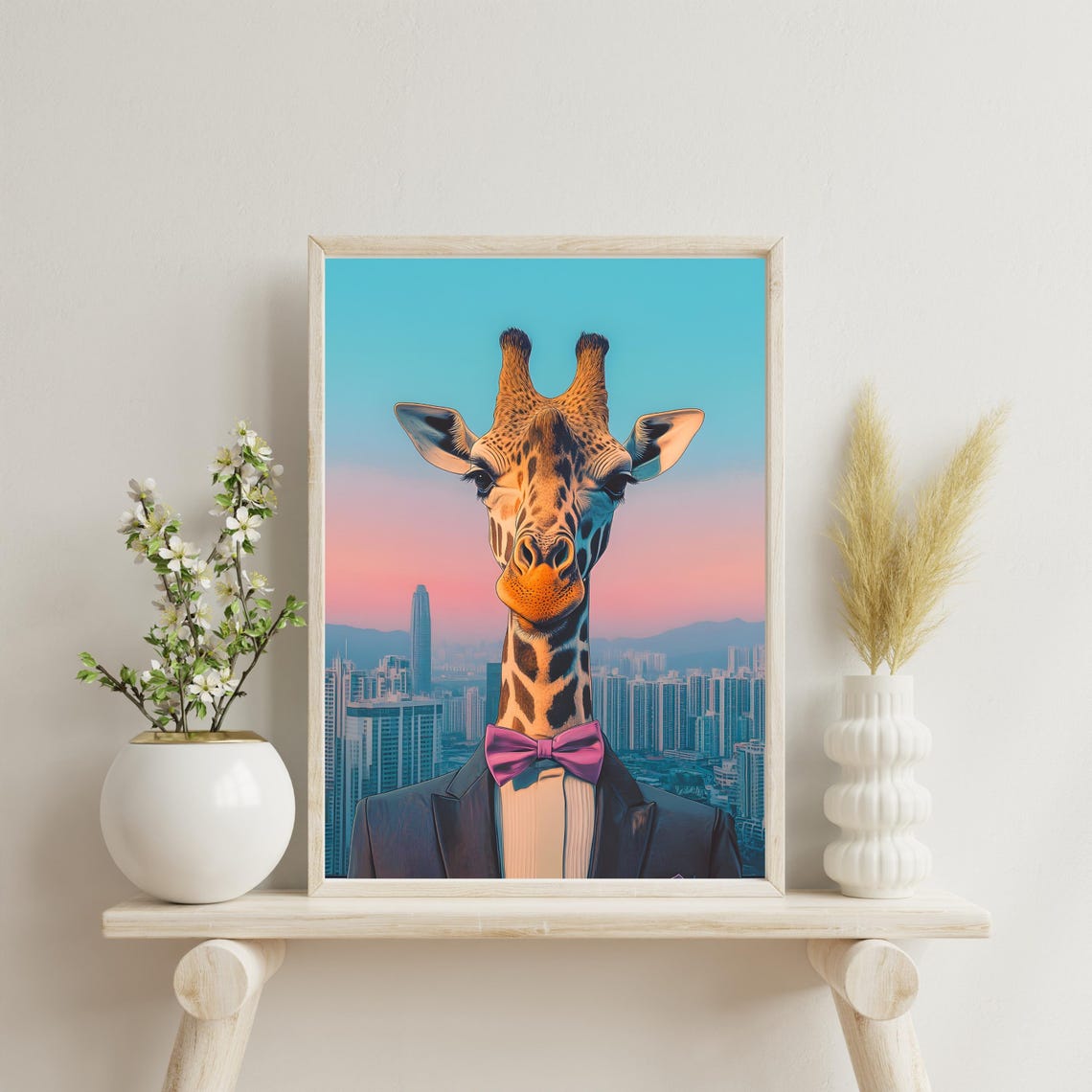 Elegant Giraffe in Tuxedo and Purple Bow Tie over a City Poster - Image 4