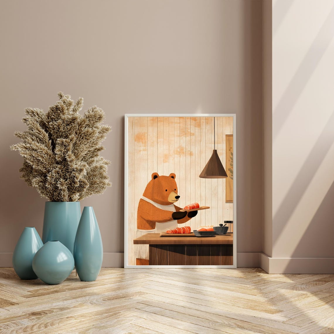 Friendly Bear Chef Slicing Fresh Salmon in Wooden Kitchen Poster - Image 4