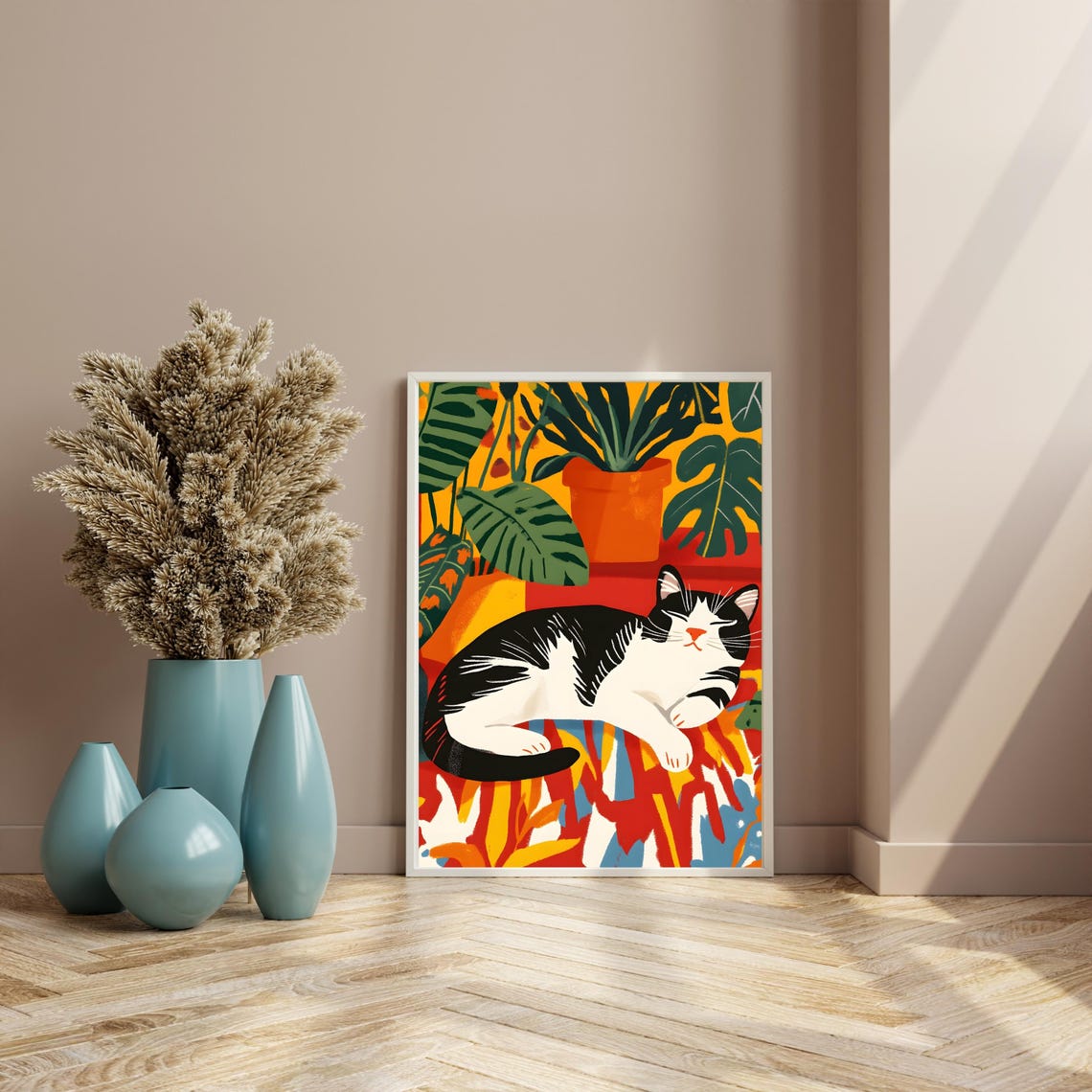 Sleeping Tuxedo Cat on Colorful Rug with Tropical Plants Poster - Image 4