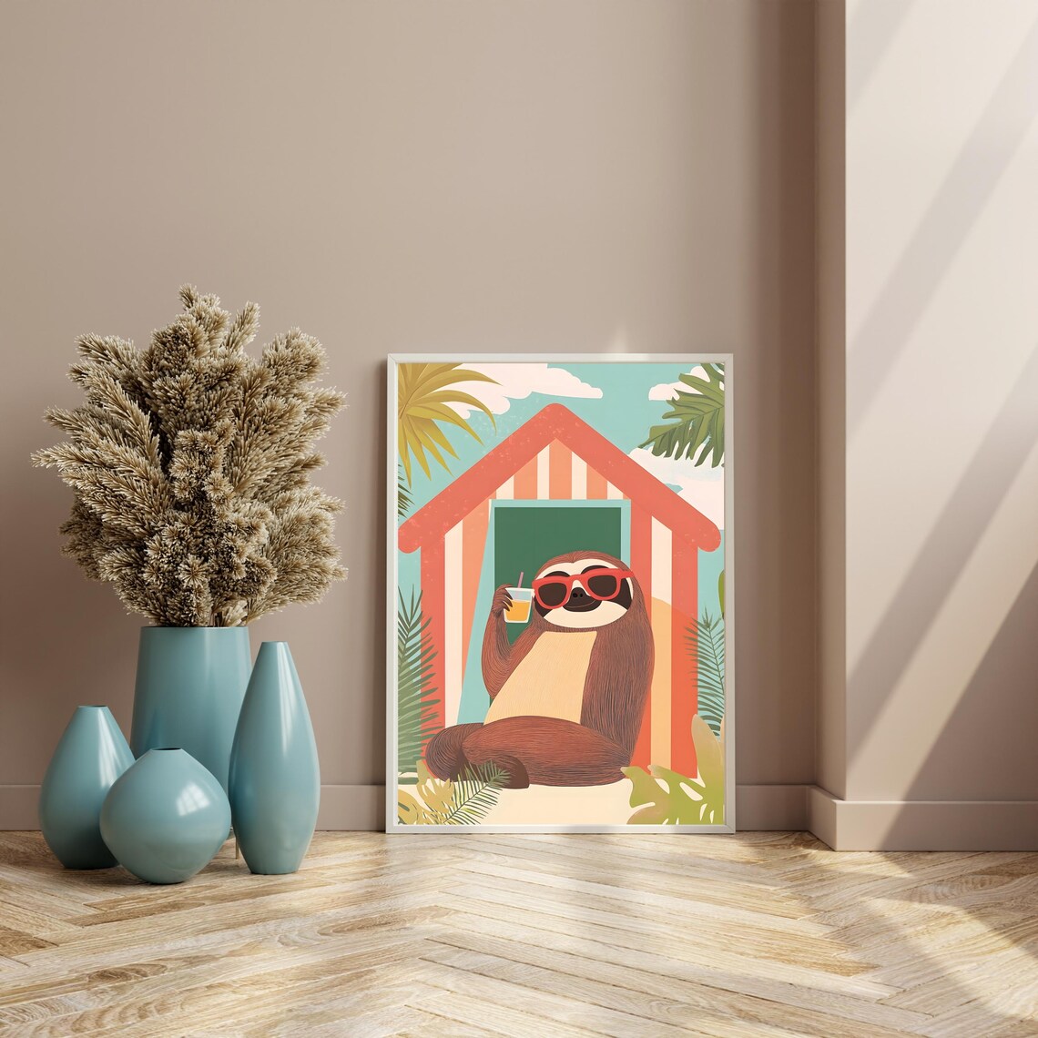 Chill Sloth in Red Sunglasses Sipping Juice Before a Striped Beach Hut Poster - Image 4